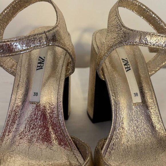 ZARA Gold Metallic Platform Heeled Shoes - Size EU 38-US 7.5 - Picture 8 of 11